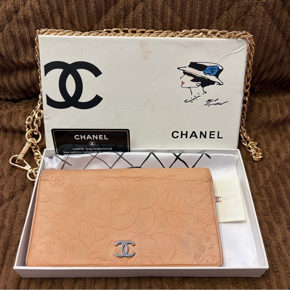 Chanel Leather Blush Pink Camellia Wallet W/ Box, Card, Chain, Dust Bag